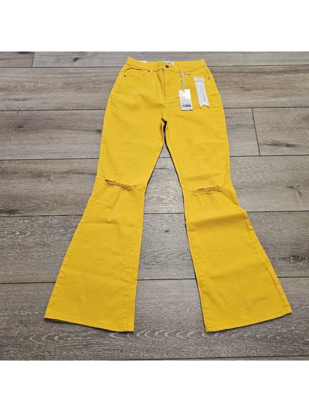 NWT Legend Women Yellow Bell Bottom Flare Jeans Ripped Knee Distressed Size XL